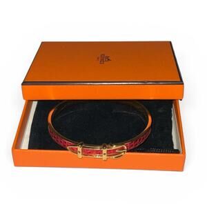 Hermes Cloisonne Belt Motif Gold/Red Bangle W/Box